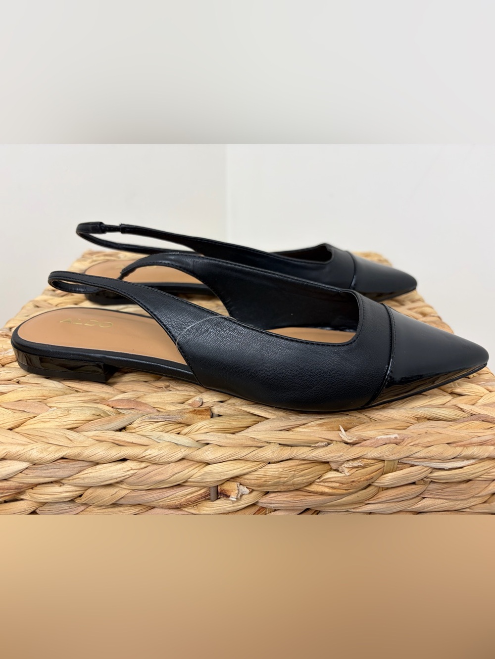 Aldo Black Pointed Slingback Flats with Patent Toe